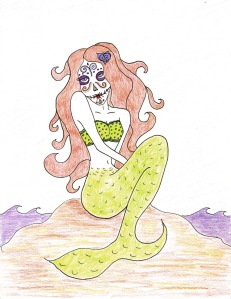 Day of the Dead (Dia de los Muertos) sugar skull mermaid by Andrea Drugay